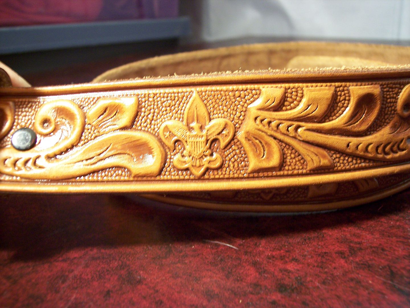 VINTAGE PHILMONT BOY SCOUTS CAMP BELT BUCKLE ON LEATHER TOOLED BELT