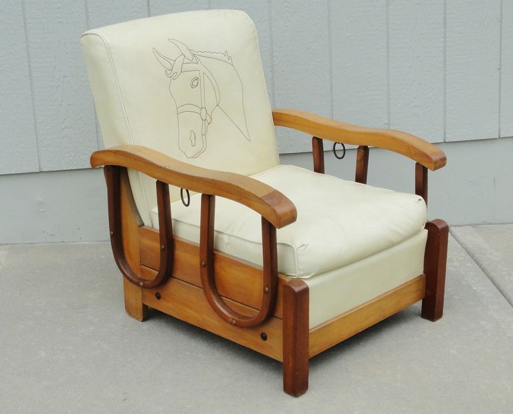 Vintage 1950s Western Cowboy Horse Lounge Chair Yoke Arms Rings Horseshoe Sides